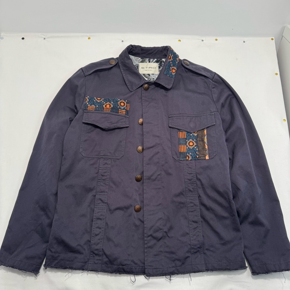 Etro Dark Blue Utility Jacket with Boho Patchwork